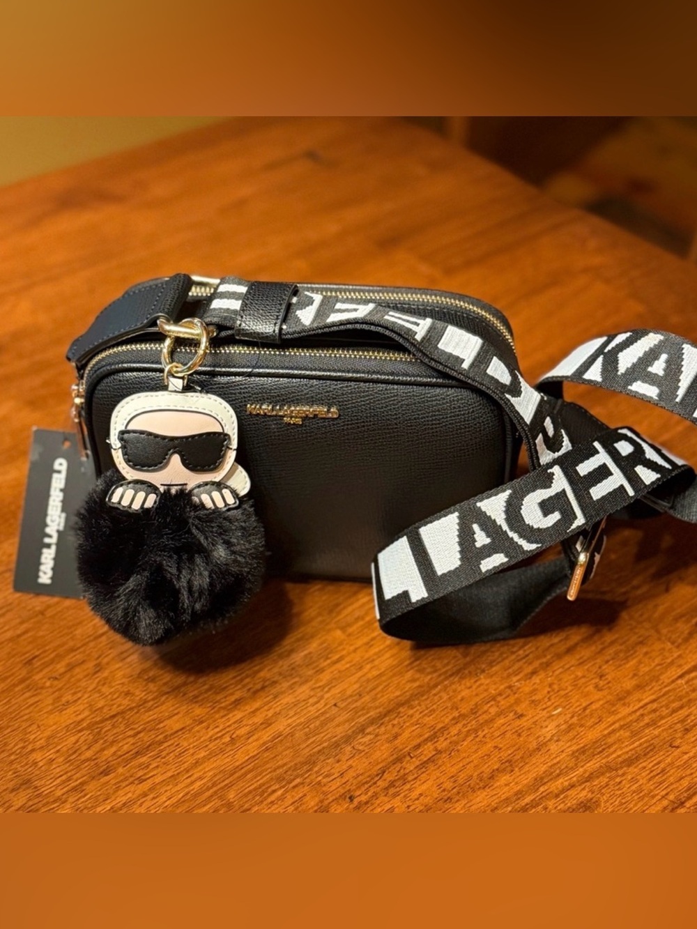 Karl Lagerfeld NWT Black 2-Zip Crossbody Camera Bag Guitar Strap Pom Charm